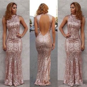 L'ATISTE Rose Gold Sequin Backless Dress